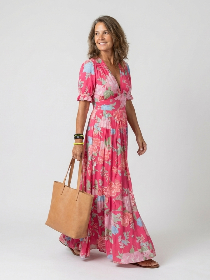 Ione - Kurzarm V-Ausschnitt Blumenkleid Midi
