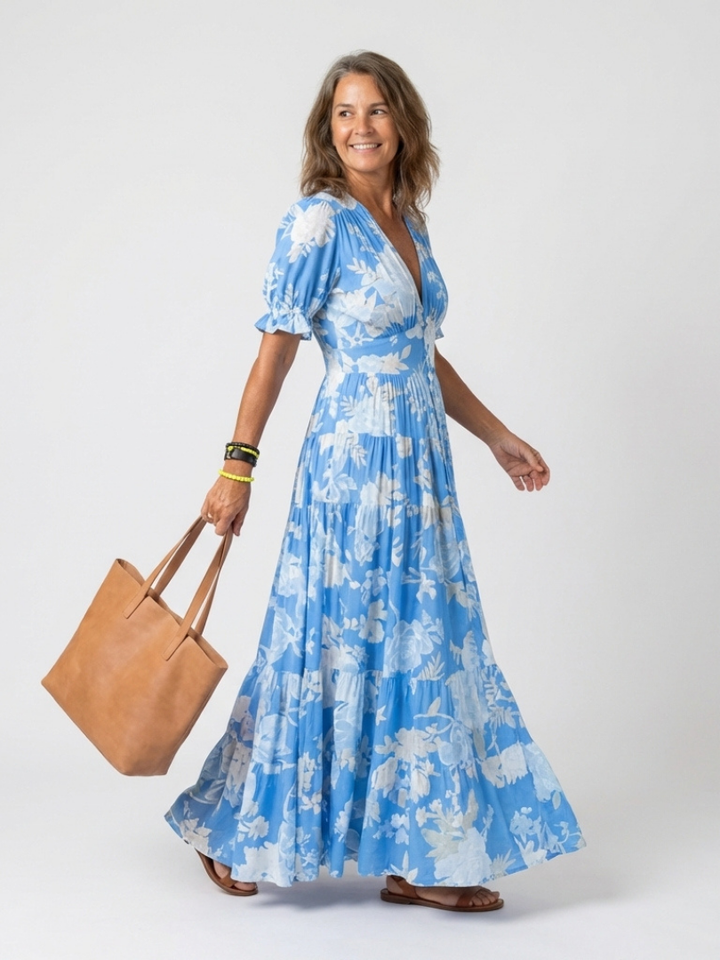 Ione - Kurzarm V-Ausschnitt Blumenkleid Midi