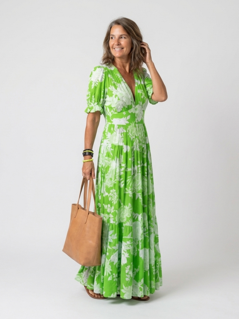 Ione - Kurzarm V-Ausschnitt Blumenkleid Midi
