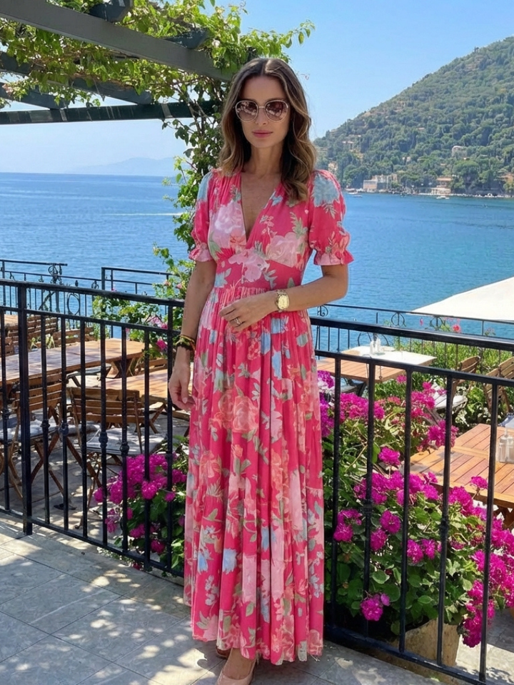 Ione - Kurzarm V-Ausschnitt Blumenkleid Midi