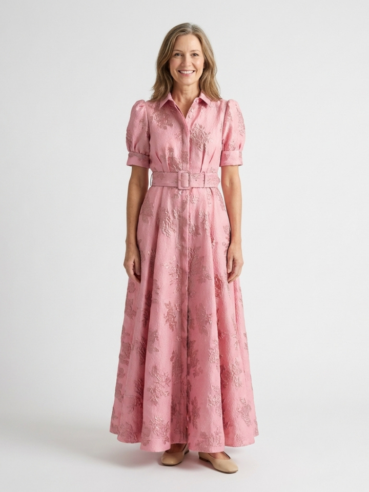 Xanthea - Kurzärmliges, tailliertes, floral strukturiertes Maxikleid