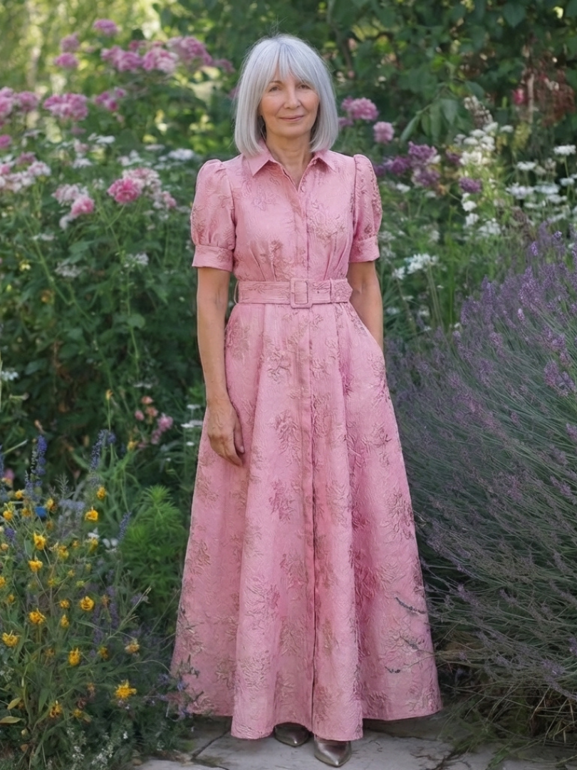 Xanthea - Kurzärmliges, tailliertes, floral strukturiertes Maxikleid