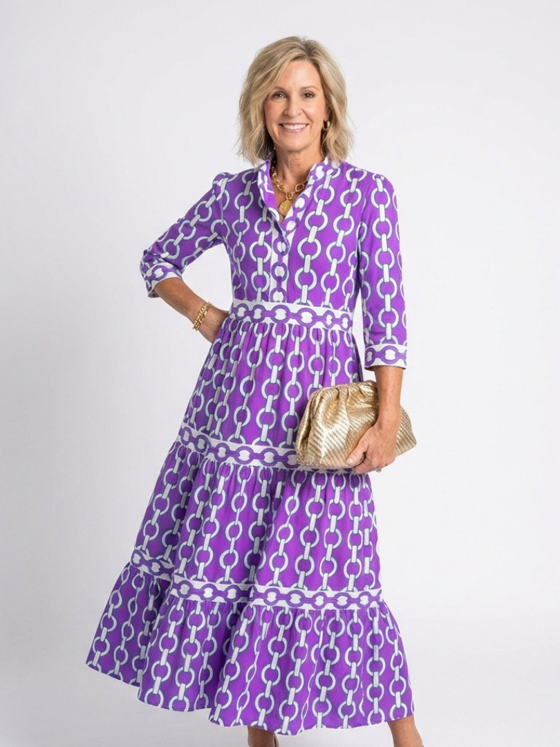 Ysolde - Midi-Kleid mit drei Viertelärmeln und Kettenmuster