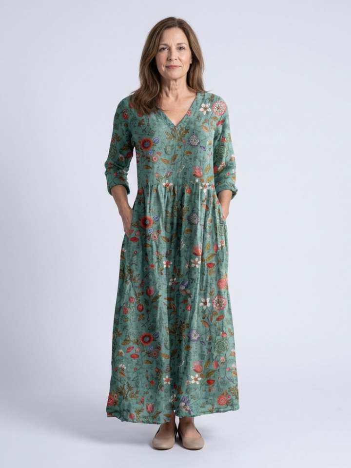 Marina - Florales V-Ausschnitt Maxikleid mit drei Viertelärmeln