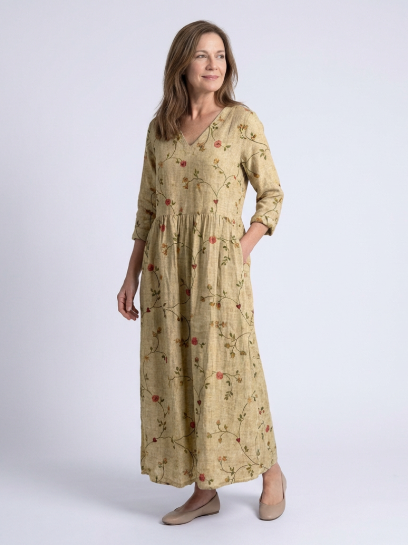 Marina - Florales V-Ausschnitt Maxikleid mit drei Viertelärmeln