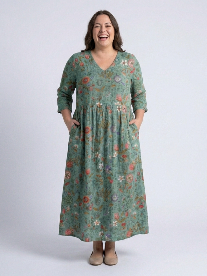 Marina - Florales V-Ausschnitt Maxikleid mit drei Viertelärmeln