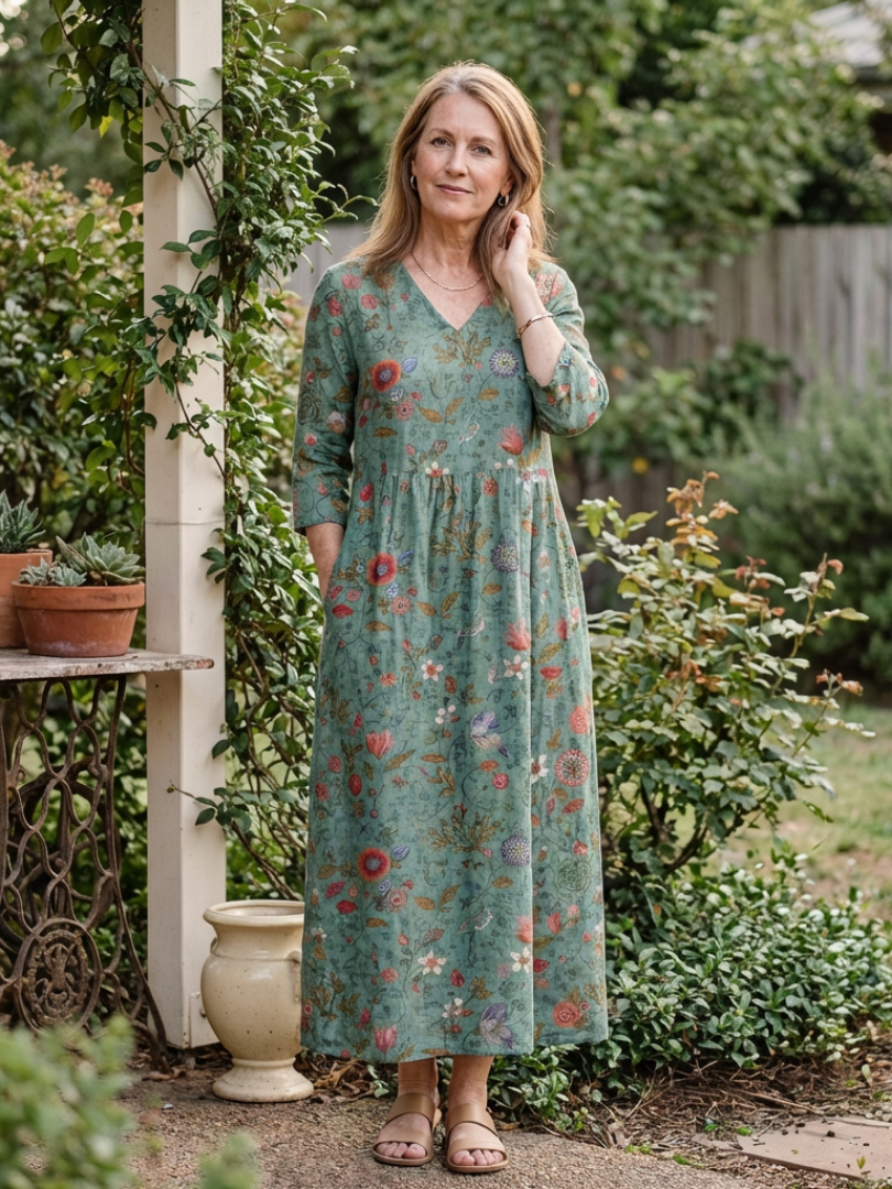 Marina - Florales V-Ausschnitt Maxikleid mit drei Viertelärmeln