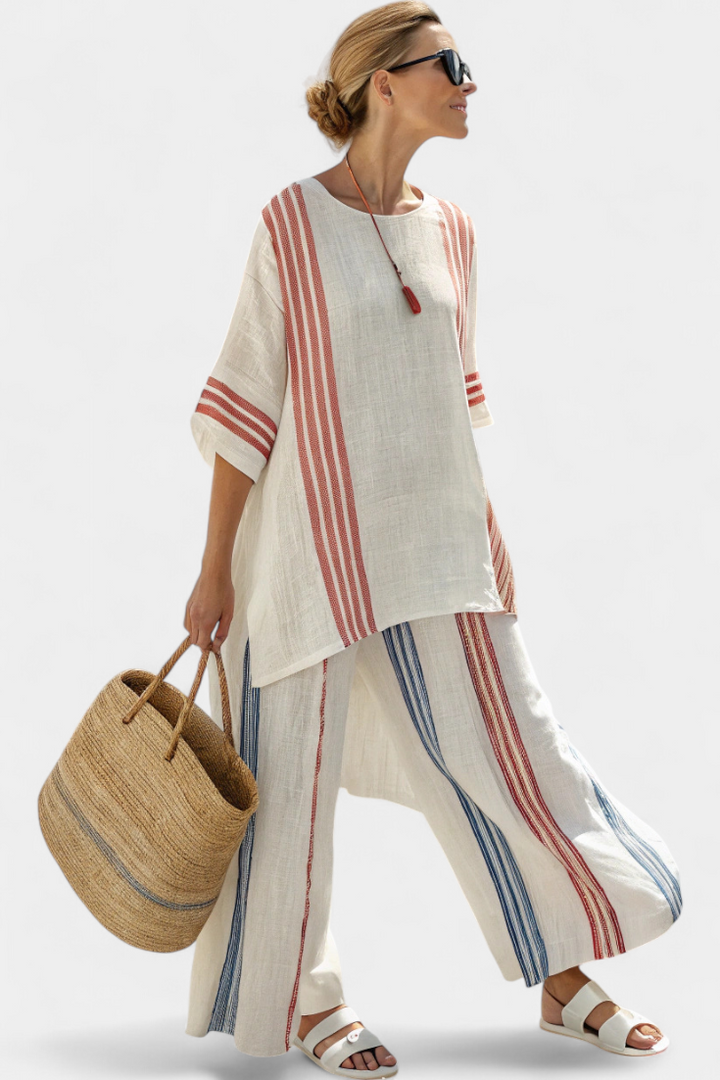 Aurelia - Elegantes, mehrfarbig gestreiftes Top & Mediterrane Hose
