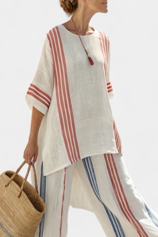 Aurelia - Elegantes, mehrfarbig gestreiftes Top & Mediterrane Hose