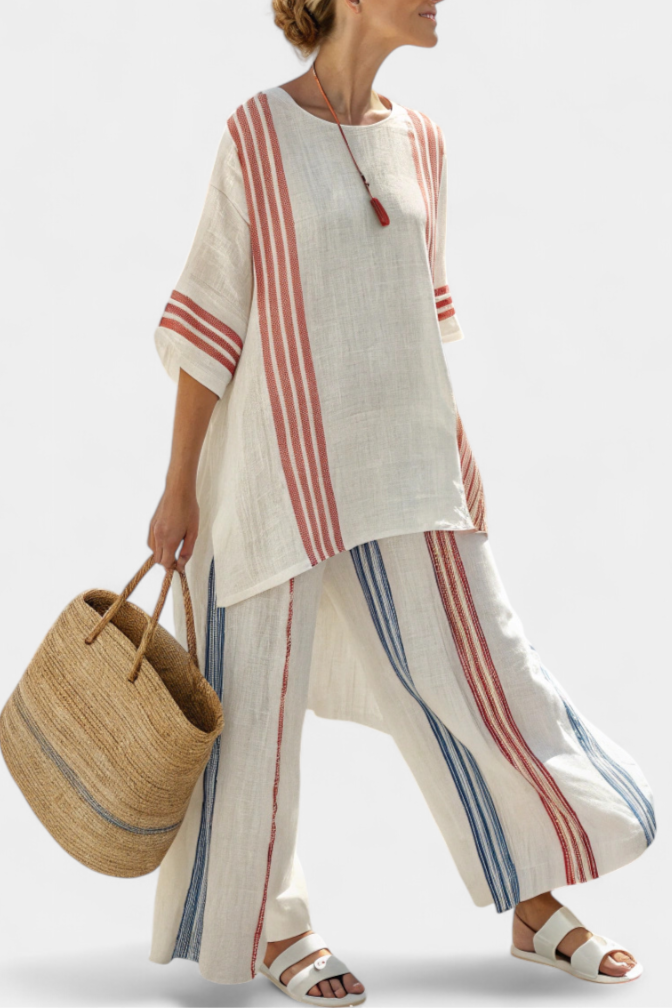 Aurelia - Elegantes, mehrfarbig gestreiftes Top & Mediterrane Hose