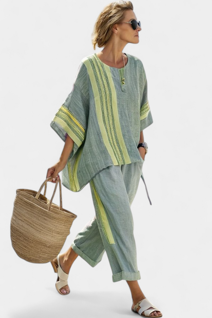 Isla - Elegantes Lavendel-Top & Senfgelb gestreifte Hose