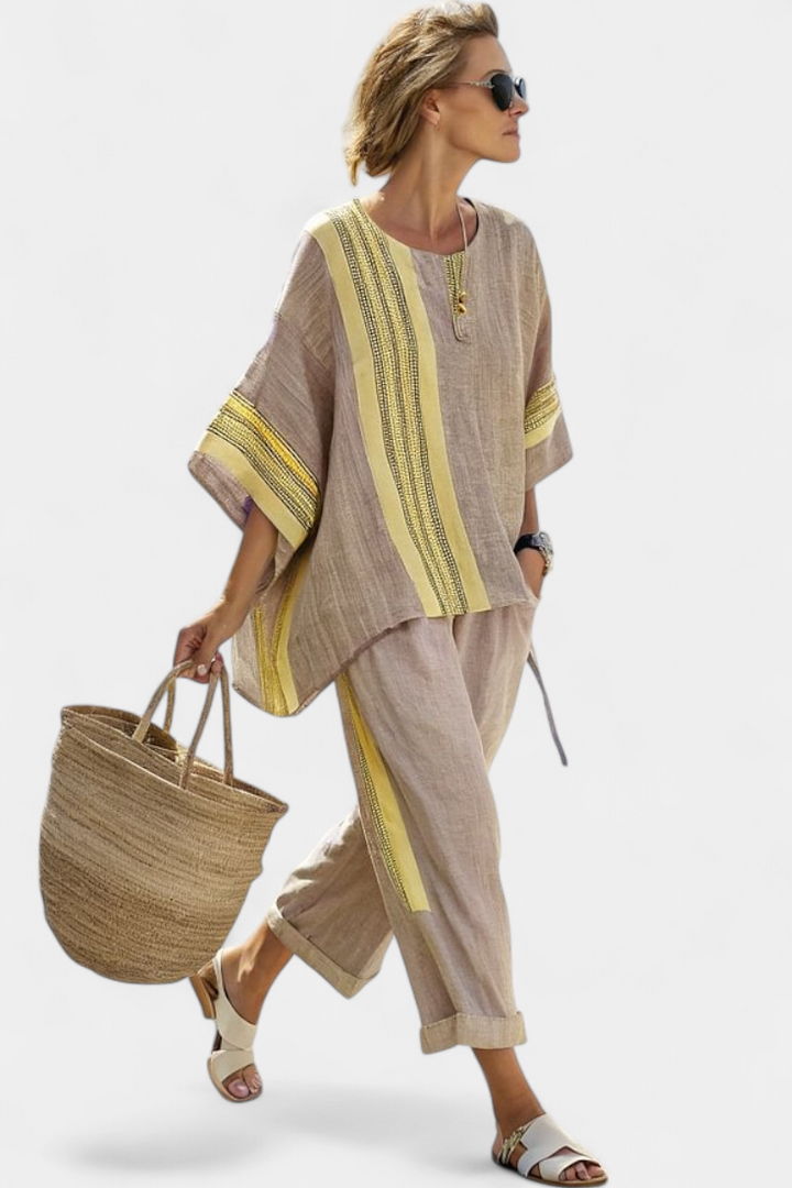 Isla - Elegantes Lavendel-Top & Senfgelb gestreifte Hose