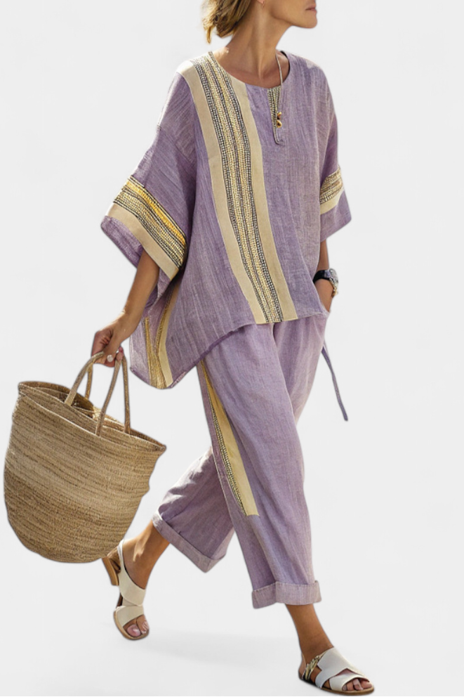 Isla - Elegantes Lavendel-Top & Senfgelb gestreifte Hose