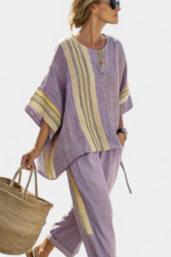 Isla - Elegantes Lavendel-Top & Senfgelb gestreifte Hose