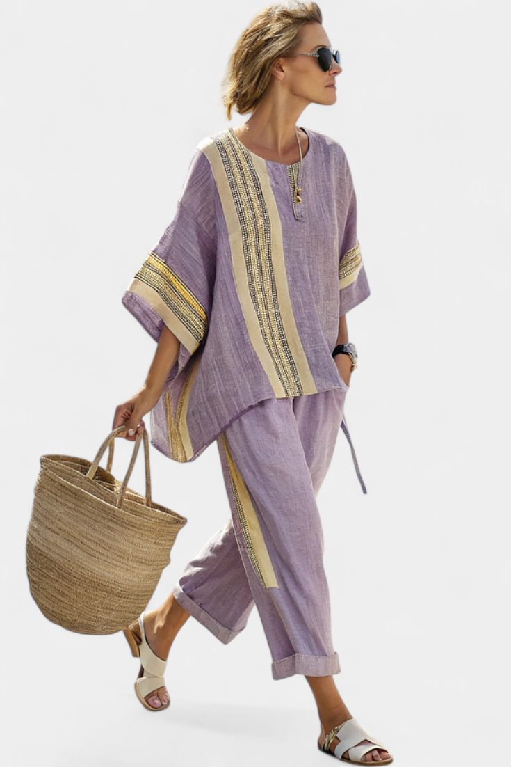 Isla - Elegantes Lavendel-Top & Senfgelb gestreifte Hose