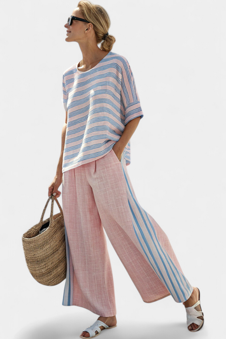 Aria - Elegante Bluse aus rosa-blauem Leinen & weiche Hose