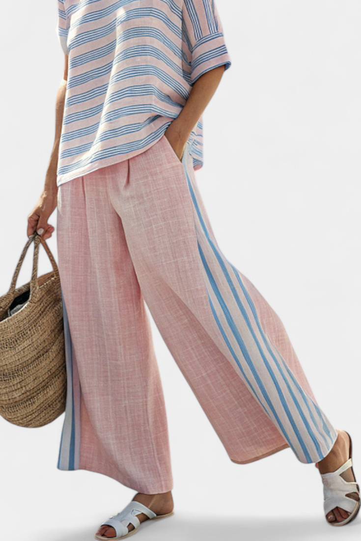 Aria - Elegante Bluse aus rosa-blauem Leinen & weiche Hose