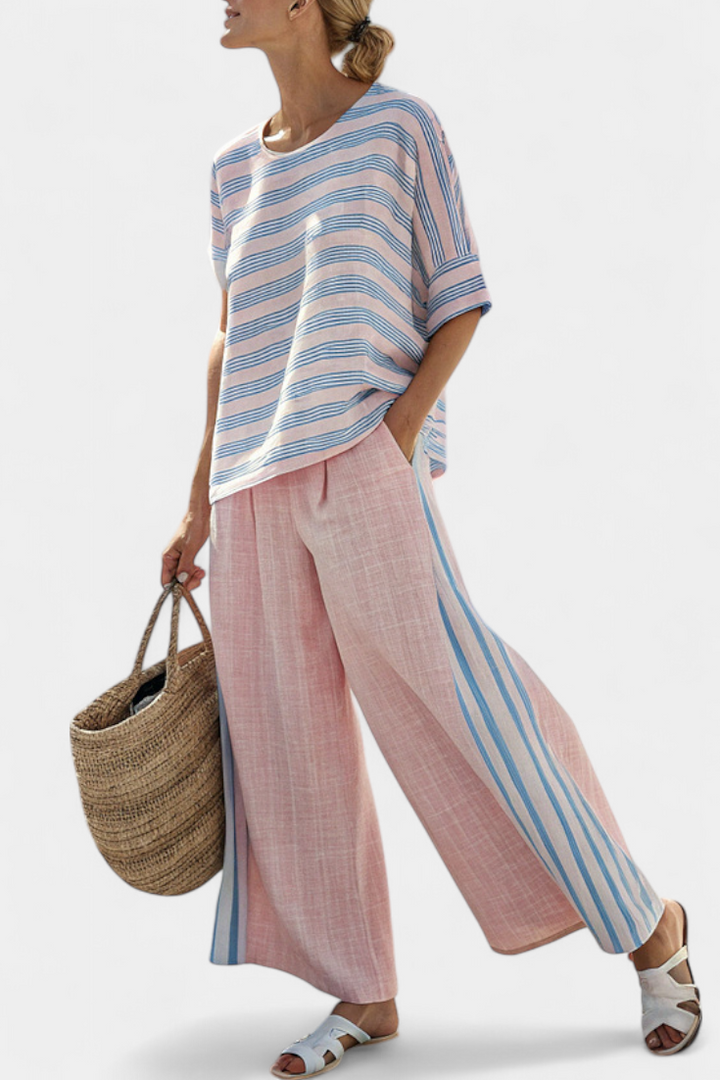 Aria - Elegante Bluse aus rosa-blauem Leinen & weiche Hose