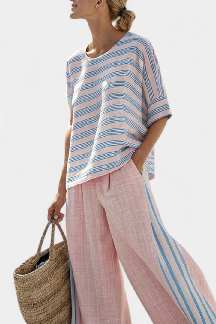 Aria - Elegante Bluse aus rosa-blauem Leinen & weiche Hose
