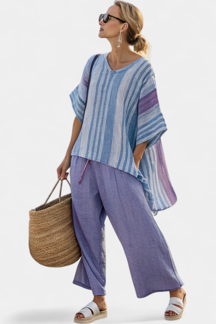 Sophia - Elegantes Lavendel- und Himmelblaues Top & Leinenhose