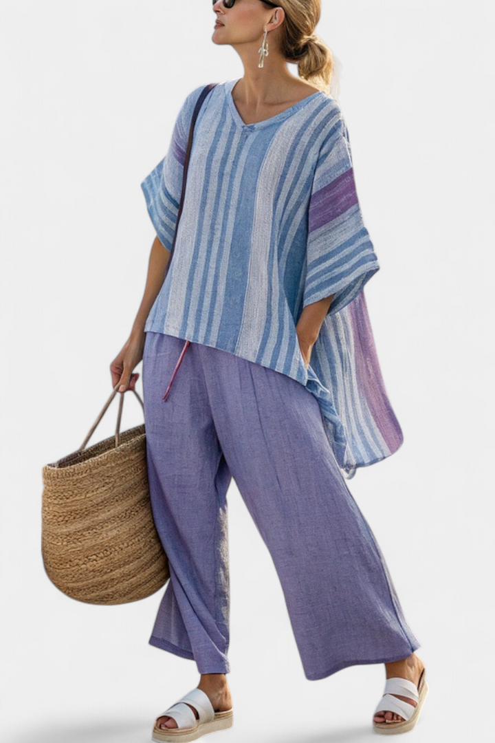 Sophia - Elegantes Lavendel- und Himmelblaues Top & Leinenhose