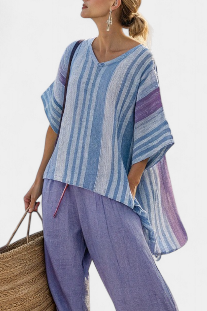 Sophia - Elegantes Lavendel- und Himmelblaues Top & Leinenhose