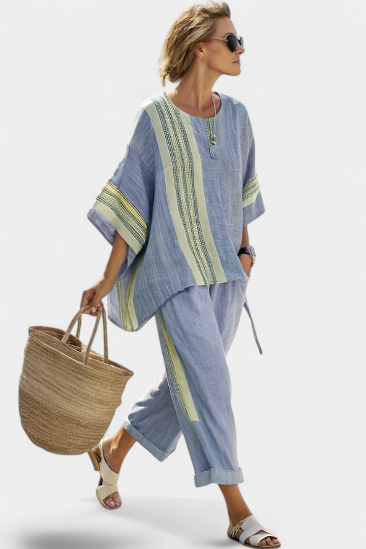 Isla - Elegantes Lavendel-Top & Senfgelb gestreifte Hose