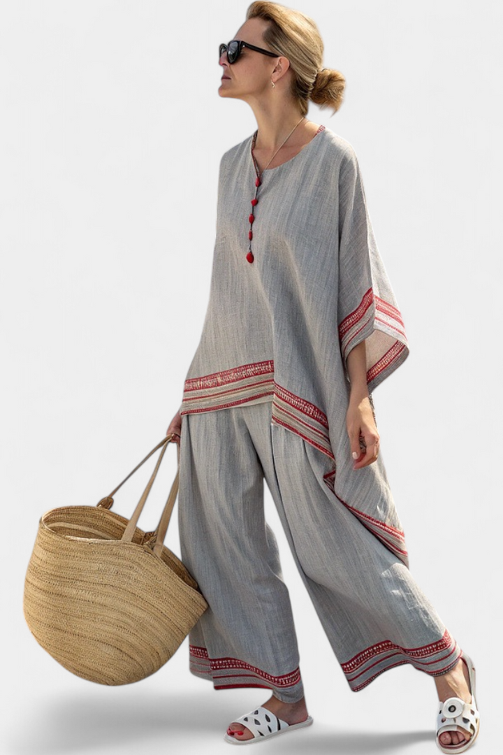 Ruby - Anspruchsvolle asymmetrische Bluse & Ethnische weite Hose