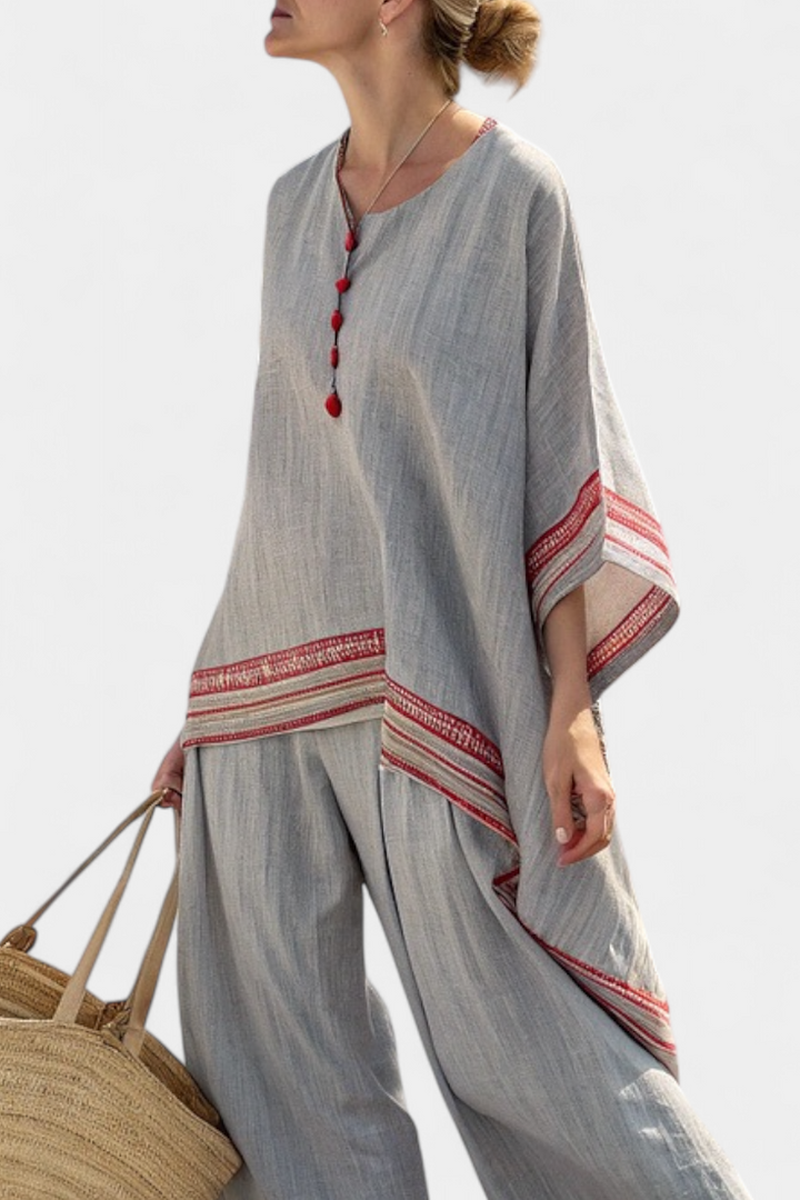 Ruby - Anspruchsvolle asymmetrische Bluse & Ethnische weite Hose