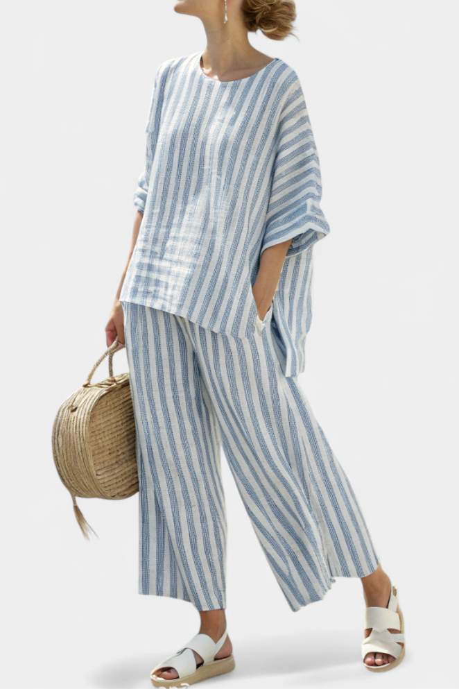 Talia - Elegantes blau gestreiftes Leinenoberteil & entspannte Hose