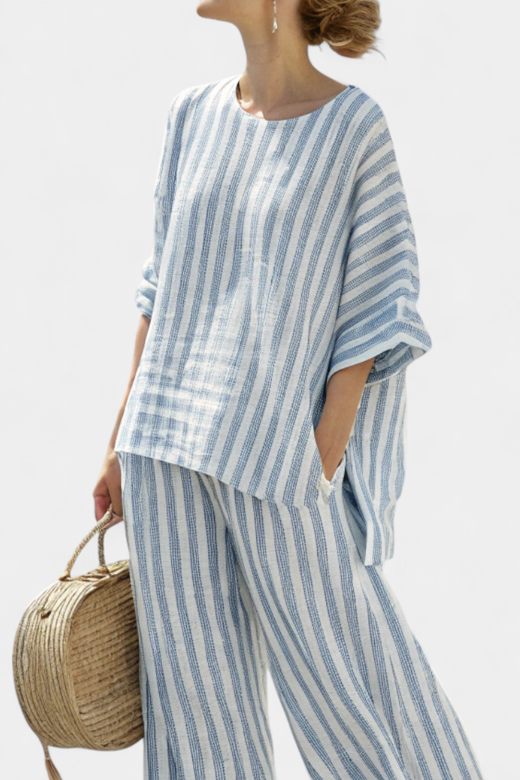 Talia - Elegantes blau gestreiftes Leinenoberteil & entspannte Hose
