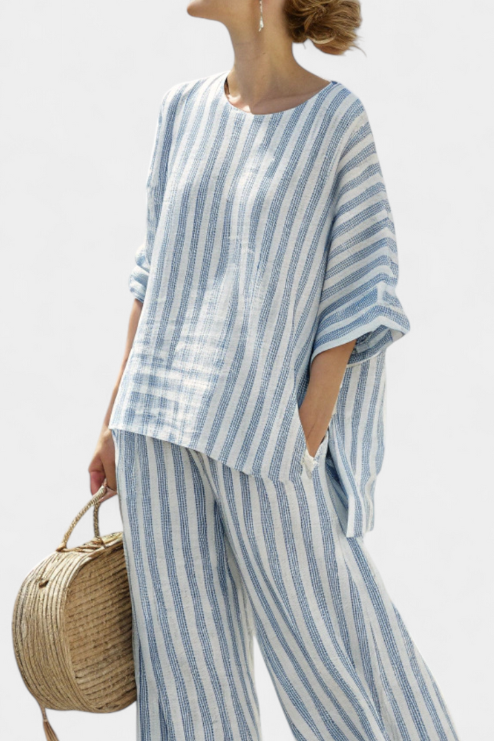 Talia - Elegantes blau gestreiftes Leinenoberteil & entspannte Hose