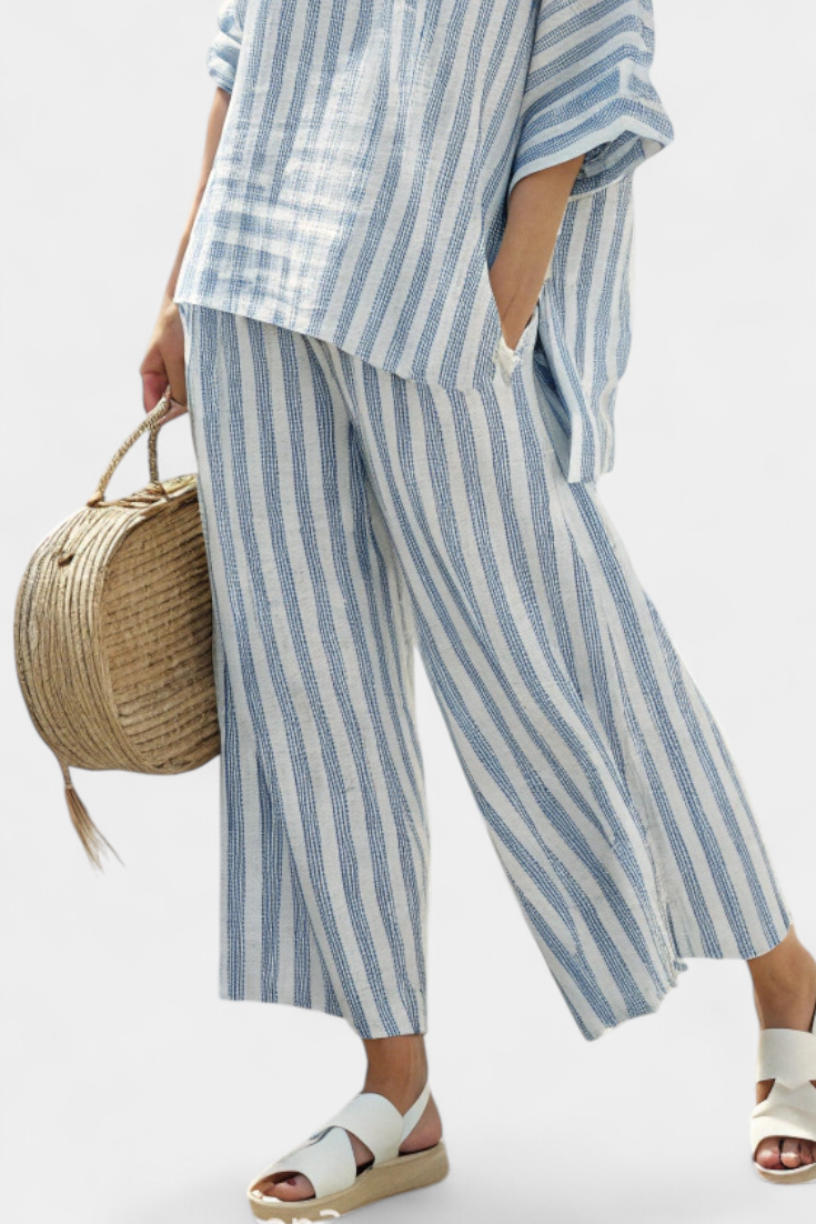 Talia - Elegantes blau gestreiftes Leinenoberteil & entspannte Hose
