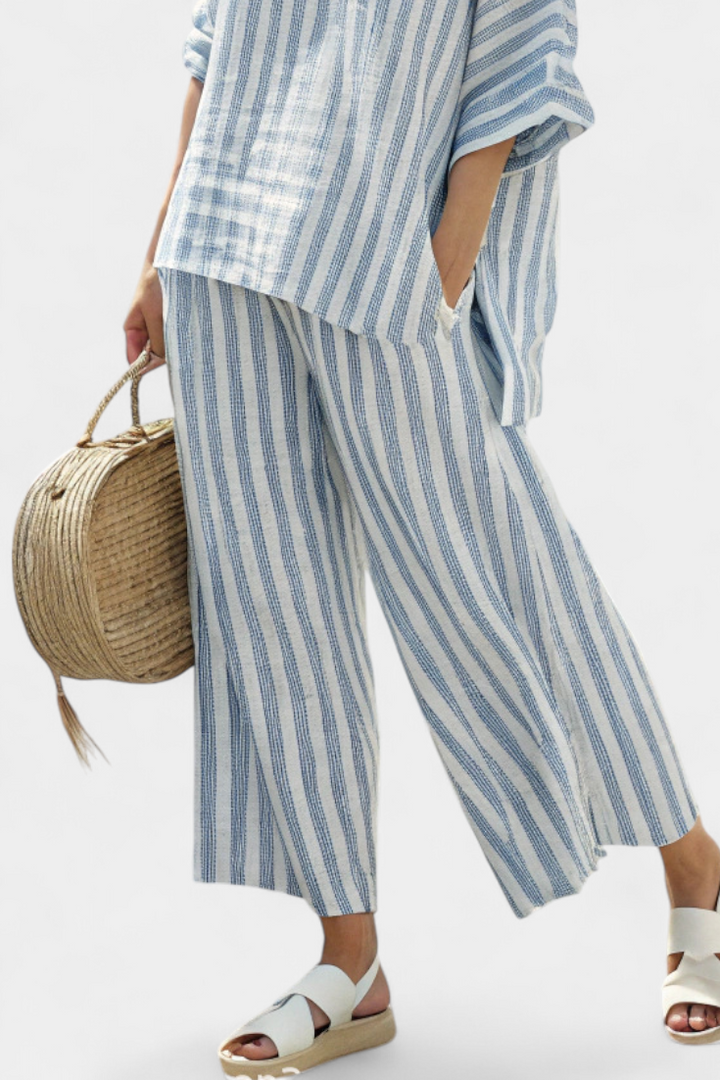 Talia - Elegantes blau gestreiftes Leinenoberteil & entspannte Hose