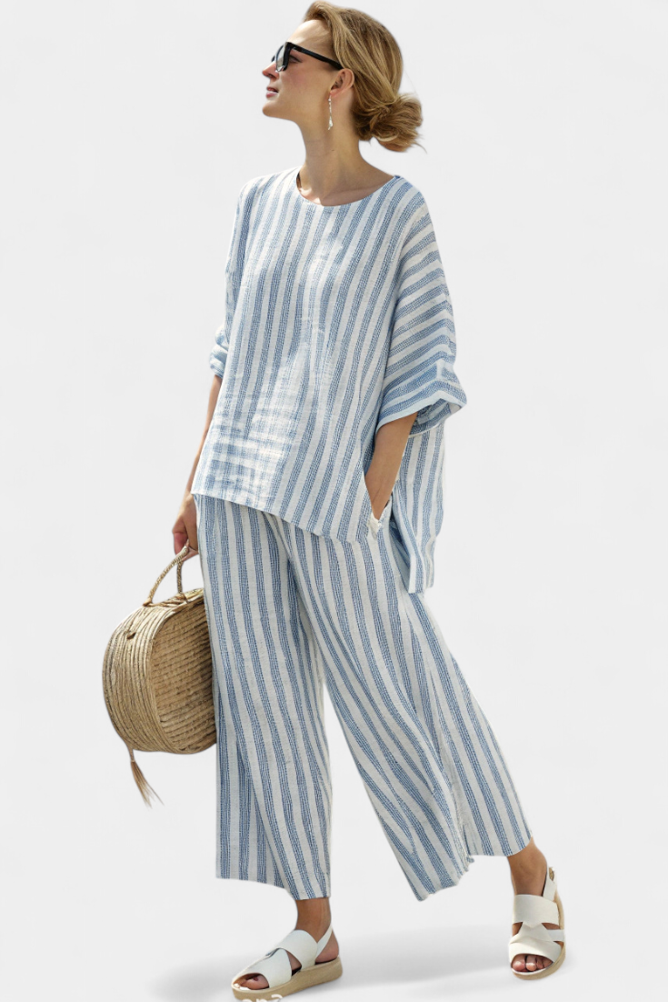 Talia - Elegantes blau gestreiftes Leinenoberteil & entspannte Hose