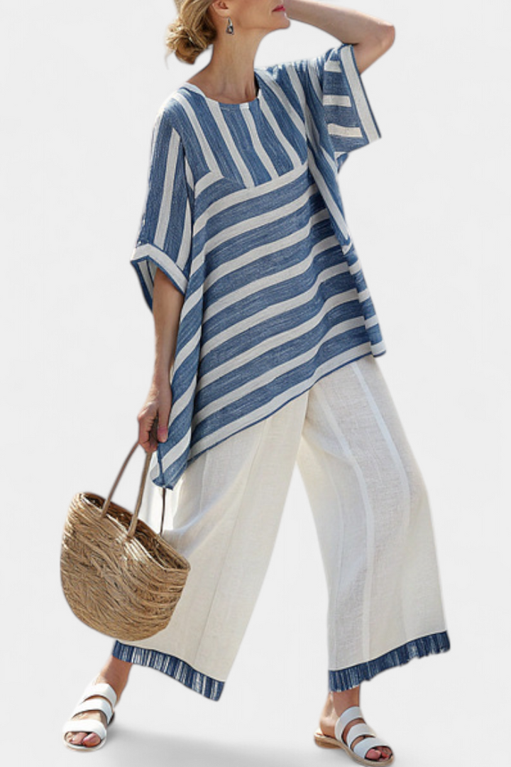 Alexa - Elegantes blau gestreiftes Oberteil & Hosen mit Saumdetails