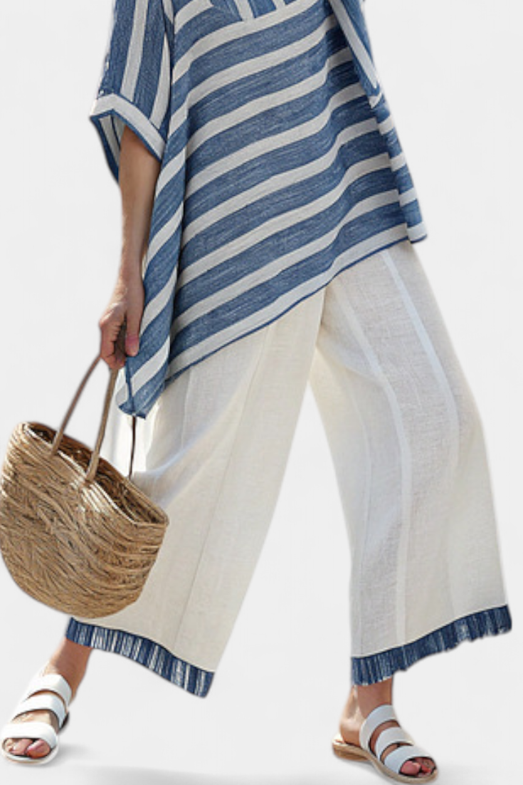 Alexa - Elegantes blau gestreiftes Oberteil & Hosen mit Saumdetails