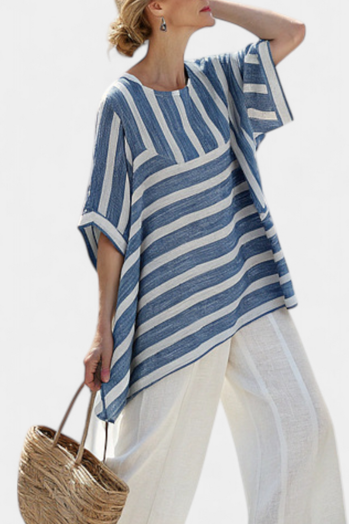 Alexa - Elegantes blau gestreiftes Oberteil & Hosen mit Saumdetails