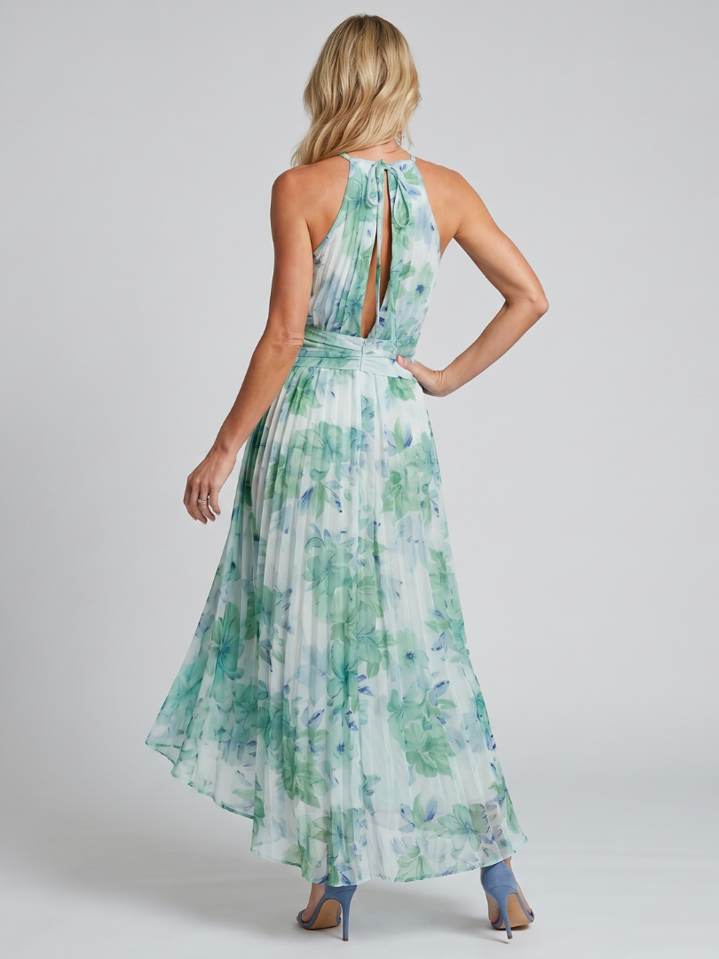 Portia - Faltendes Halter-Soft-Blumenmuster-Midi-Kleid