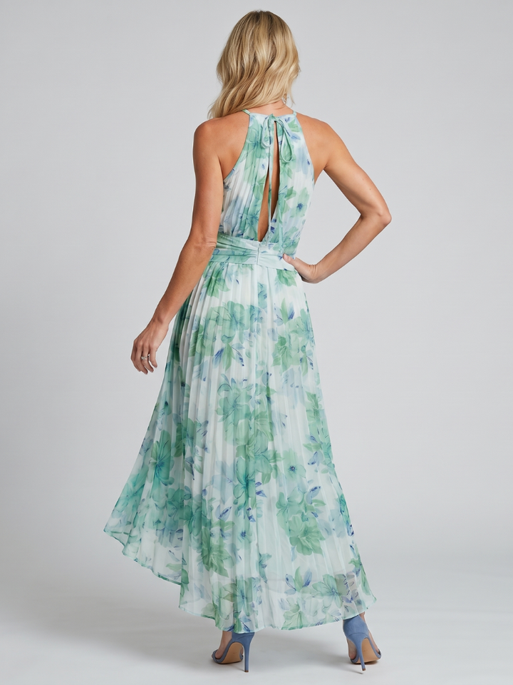 Portia - Faltendes Halter-Soft-Blumenmuster-Midi-Kleid