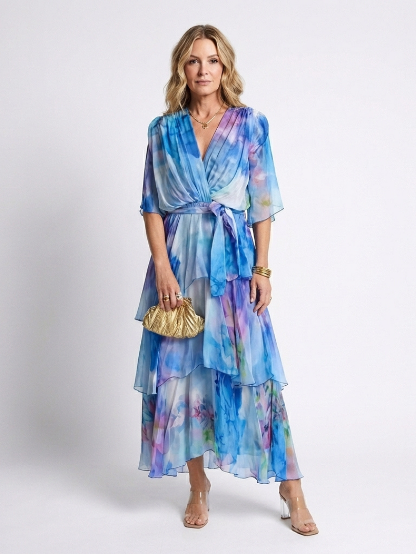 Calista - Durchsichtiges, geschichtetes V-Ausschnitt Maxikleid