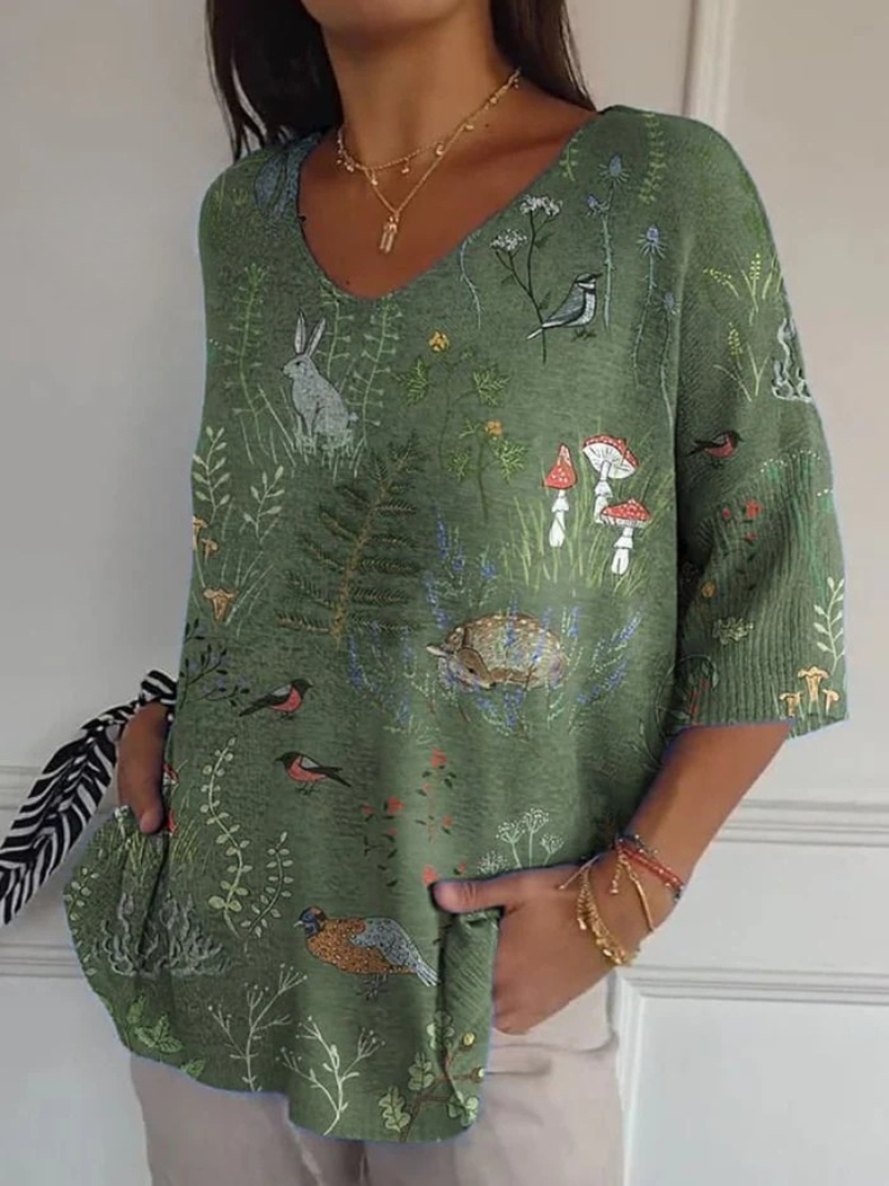Margaret - Bedruckter Pullover mit Wald- und Tiermotiv für Damen