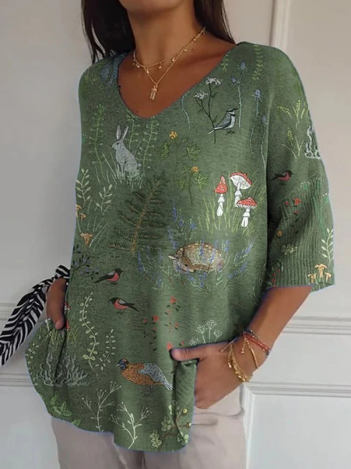 Margaret - Bedruckter Pullover mit Wald- und Tiermotiv für Damen