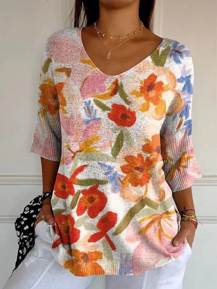 Violett - Damen Vintage Kunst Floral Lässiger Pullover Strick