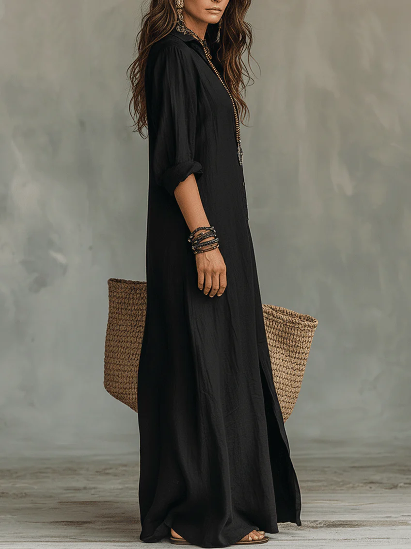 Delores - Lässiges V-Ausschnitt Knopf-Maxikleid