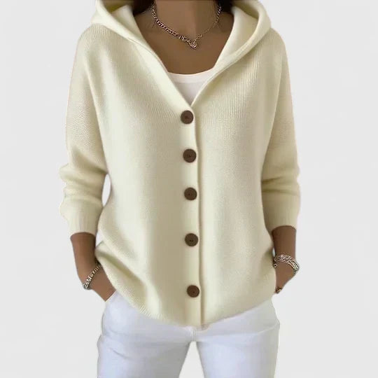 Albina | Damen Kapuzen-Strickjacke mit Knopfverschluss