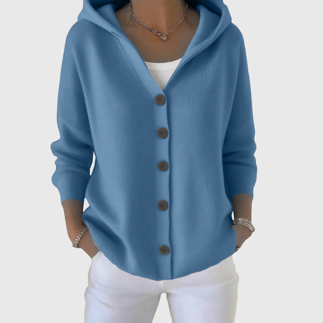 Albina | Damen Kapuzen-Strickjacke mit Knopfverschluss