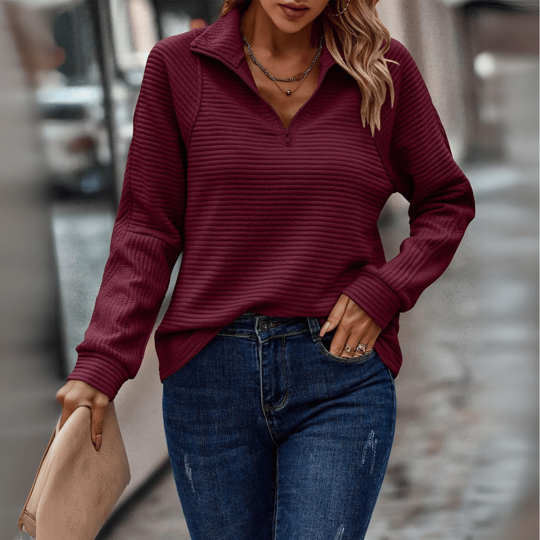 Almeke | Damen Ripp-Pullover mit Reißverschluss