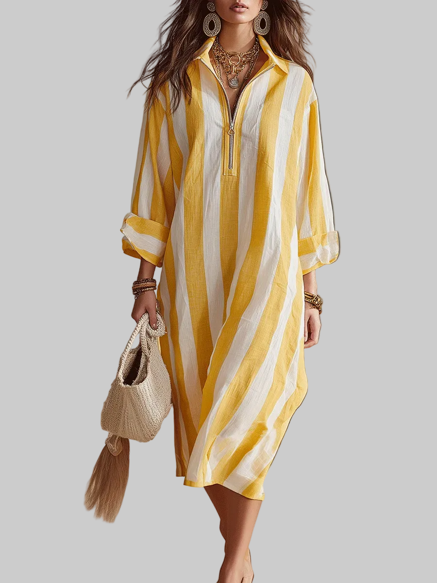 Elowen - Resort Gelb & Weiss Gestreiftes Midi-Kleid