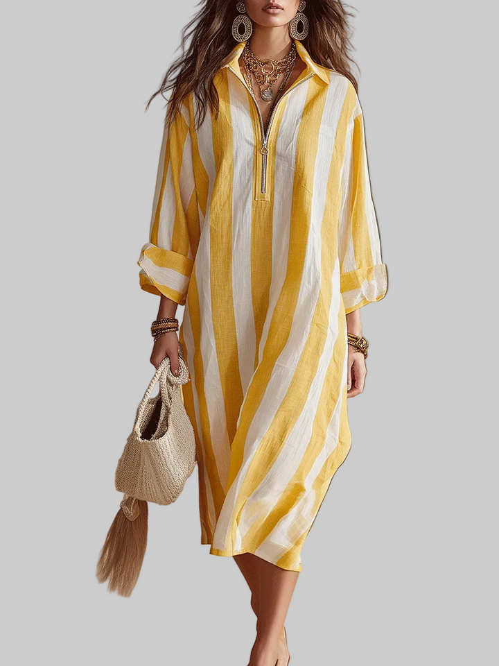 Elowen - Resort Gelb & Weiss Gestreiftes Midi-Kleid